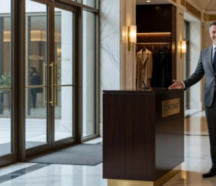 Concierge witający gości przy wejściu na wieczór VIP