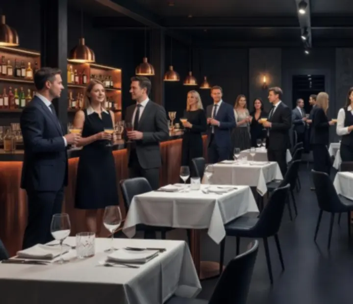 Elegancka wieczorna scena gastronomiczna w restauracji przygotowanej na event firmowy