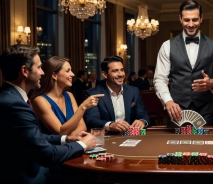 Profesjonalny dealer prowadzący towarzyską rozgrywkę pokerową dla grupy firmowej