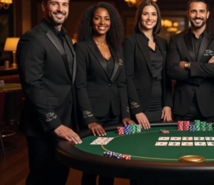 Profesjonalni prowadzący wieczór pokerowy obsługujący stolik podczas eventu firmowego