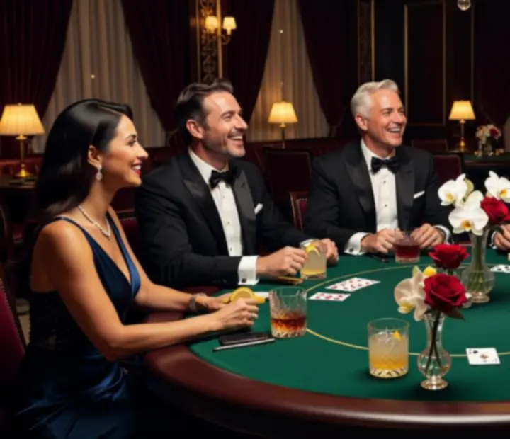 Stoły pokerowe, eleganckie nakrycia i goście podczas wieczoru firmowego